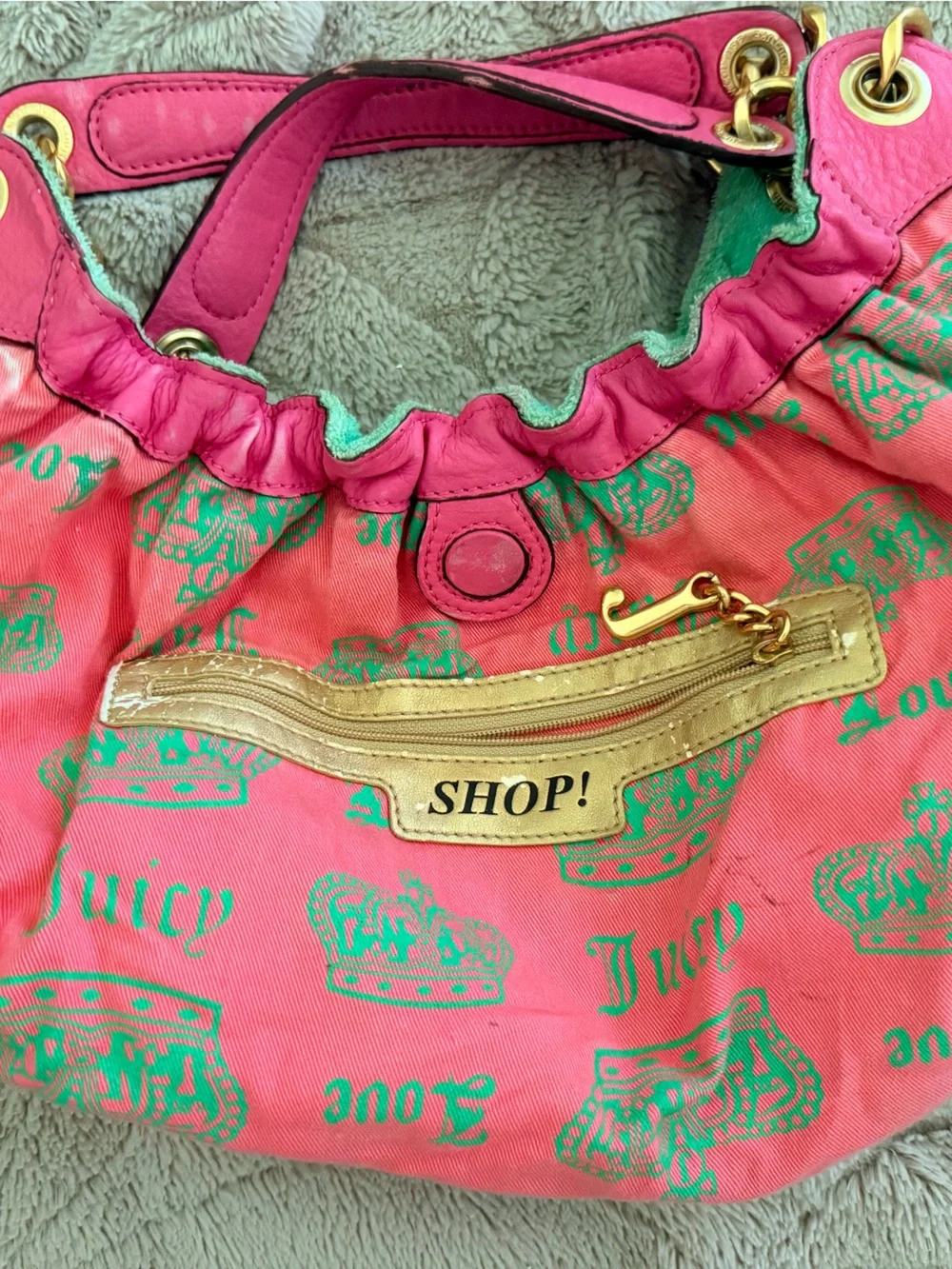 Vintage Juicy Couture 2007 Juicy Royal Velour Hobo Bag Green Pink Crown Y2K